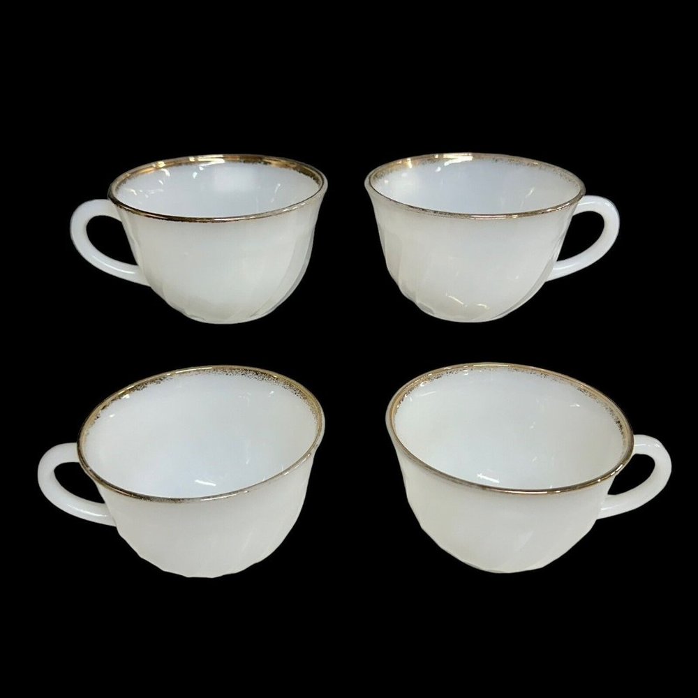 4 Fire King Swirl Golden Anniversary 2 3/8" Cups Anchor Hocking White Glass Gold